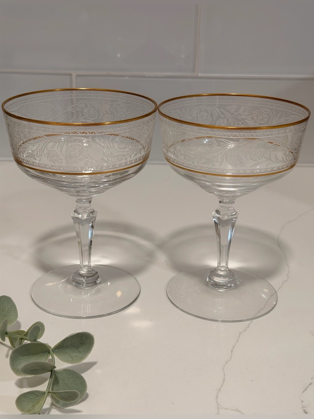 Vintage Fostoria Renaissance Wine Goblet Gold Trim Floral Design Wine Glass